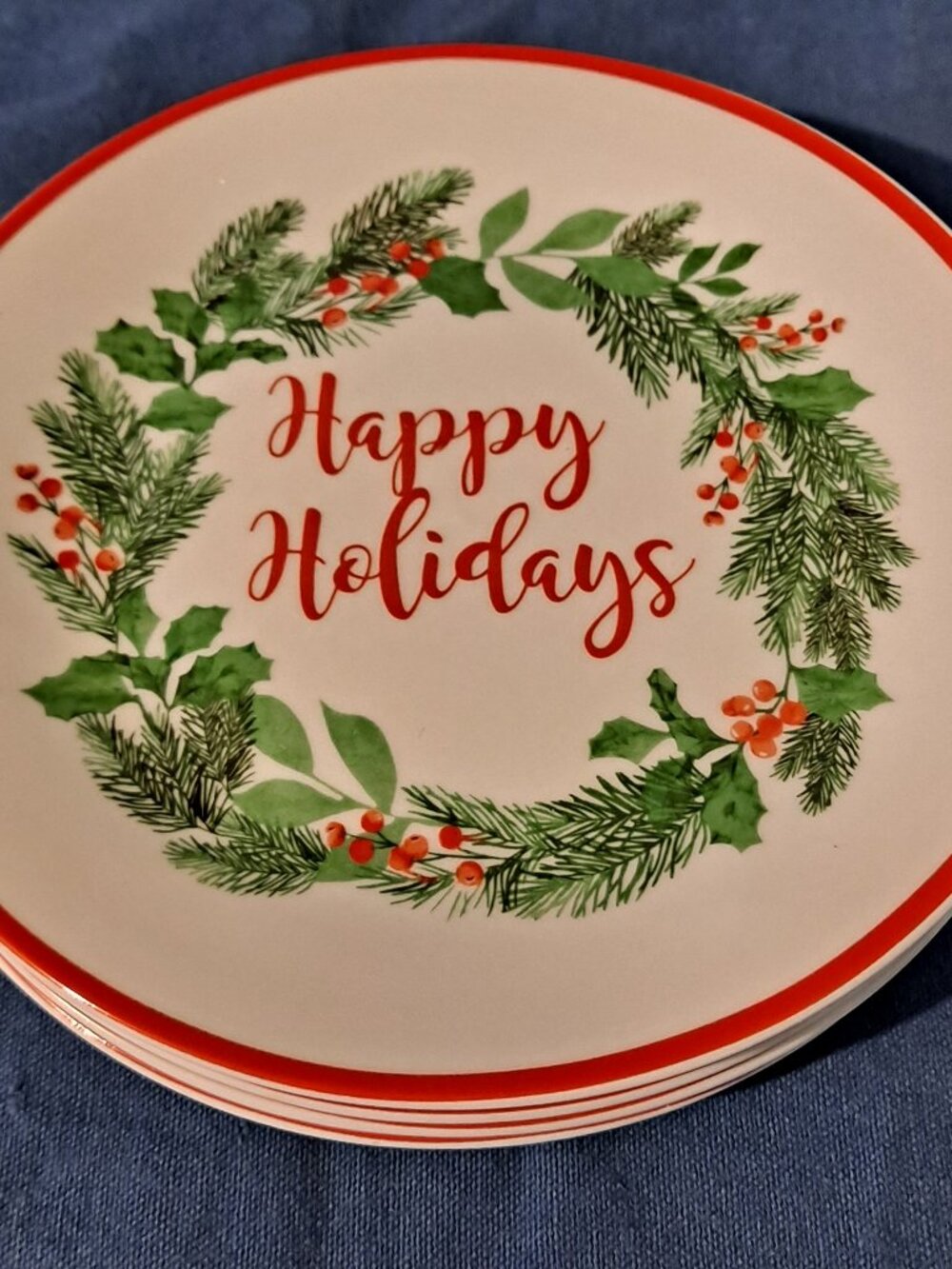 Royal Norfolk 4 HOLLY BERRY 7 1/2" Salad PLATES Christmas Happy Holidays Wreath